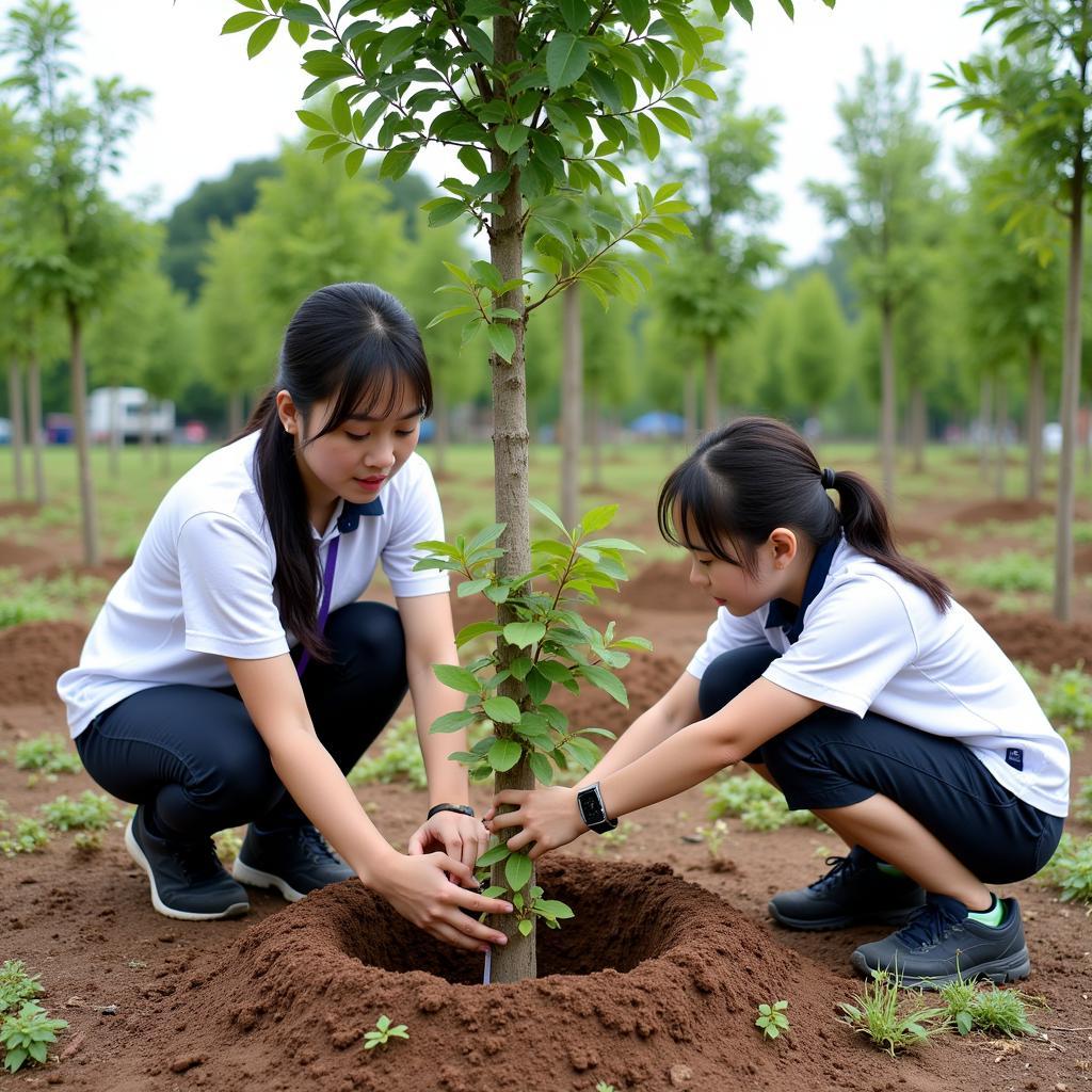 Học sinh THPT Gia Định tham gia hoạt động trồng cây xanh trong khuôn viên trường.