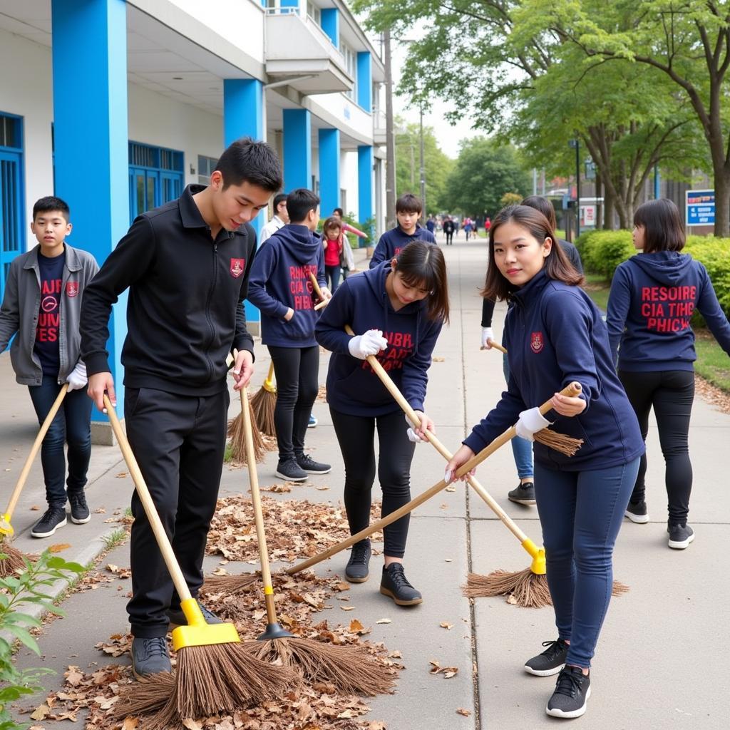 Học sinh THPT Gia Định dọn dẹp vệ sinh khuôn viên trường