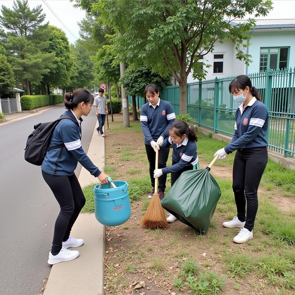 Học sinh THPT Gia Định dọn dẹp vệ sinh khu vực xung quanh trường