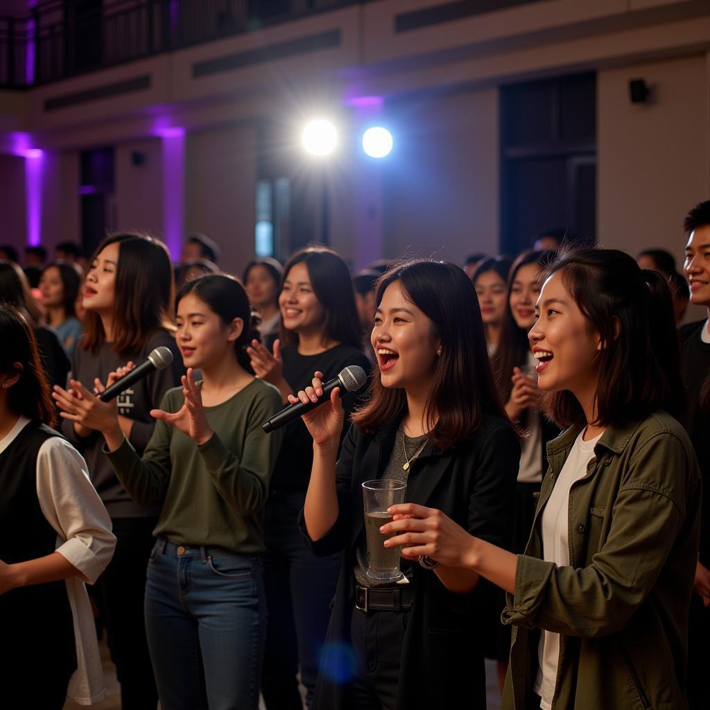 Học sinh THPT Gia Định cùng nhau hát karaoke.