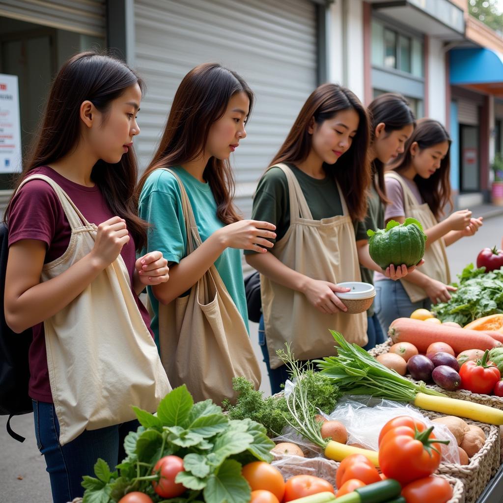 Học sinh Gia Định sử dụng túi vải khi đi chợ