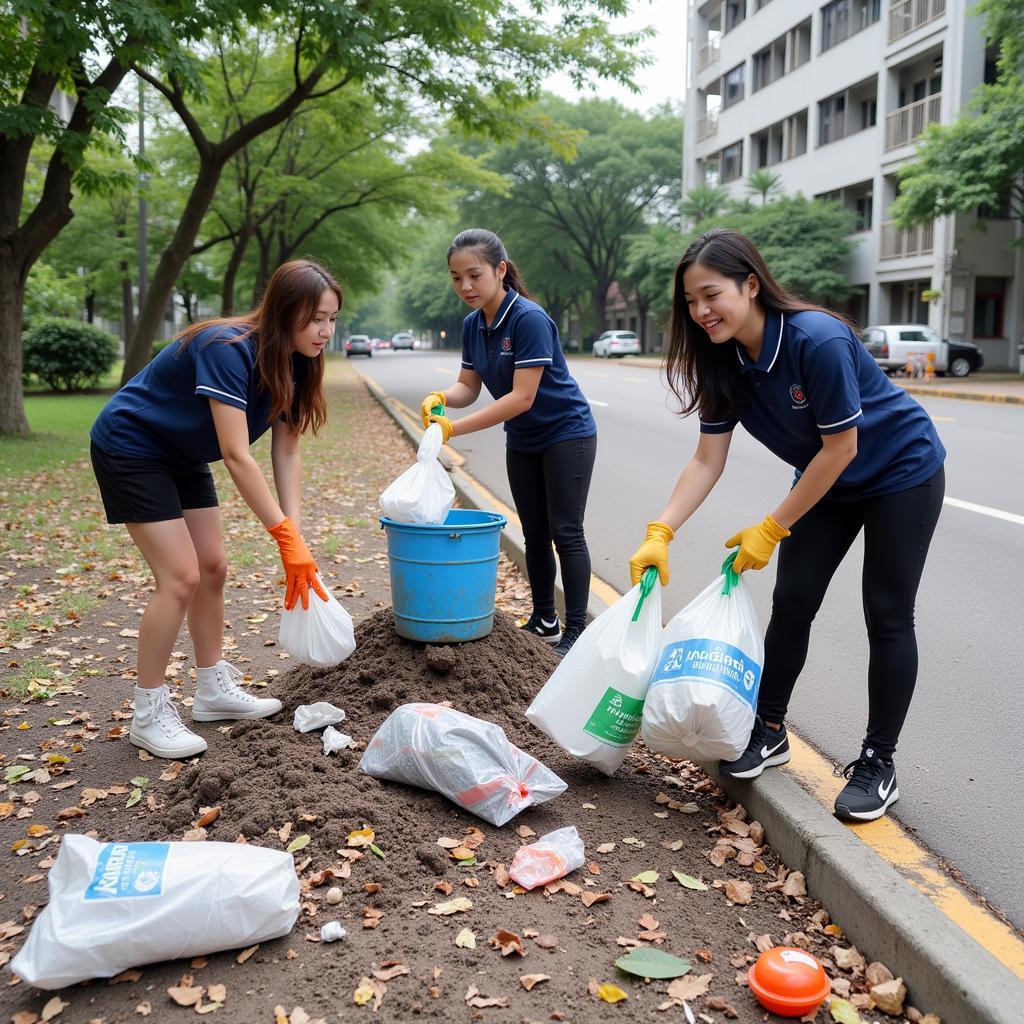 Học sinh THPT Gia Định tham gia hoạt động dọn dẹp vệ sinh khu vực xung quanh trường