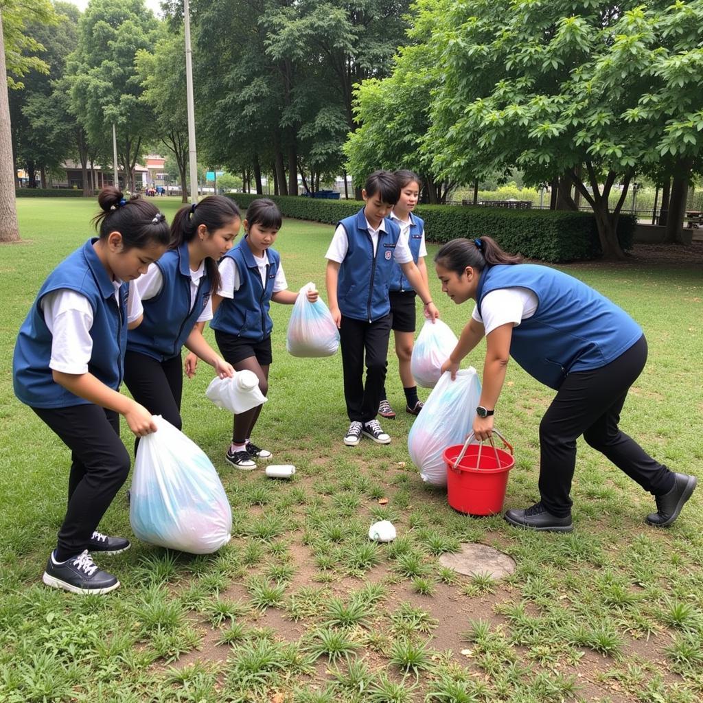 Học sinh THPT Gia Định tham gia hoạt động nhặt rác bảo vệ môi trường.