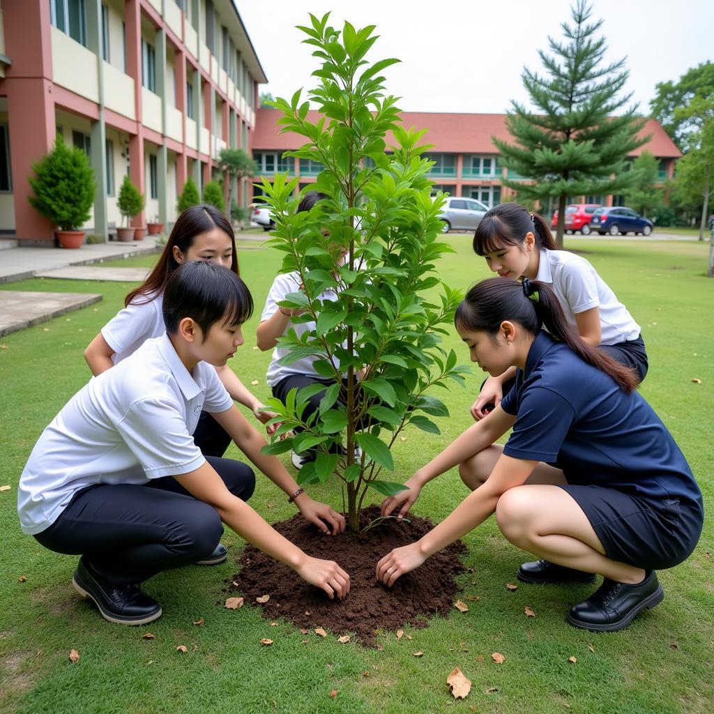 Học sinh THPT Gia Định trồng cây xanh trong khuôn viên trường