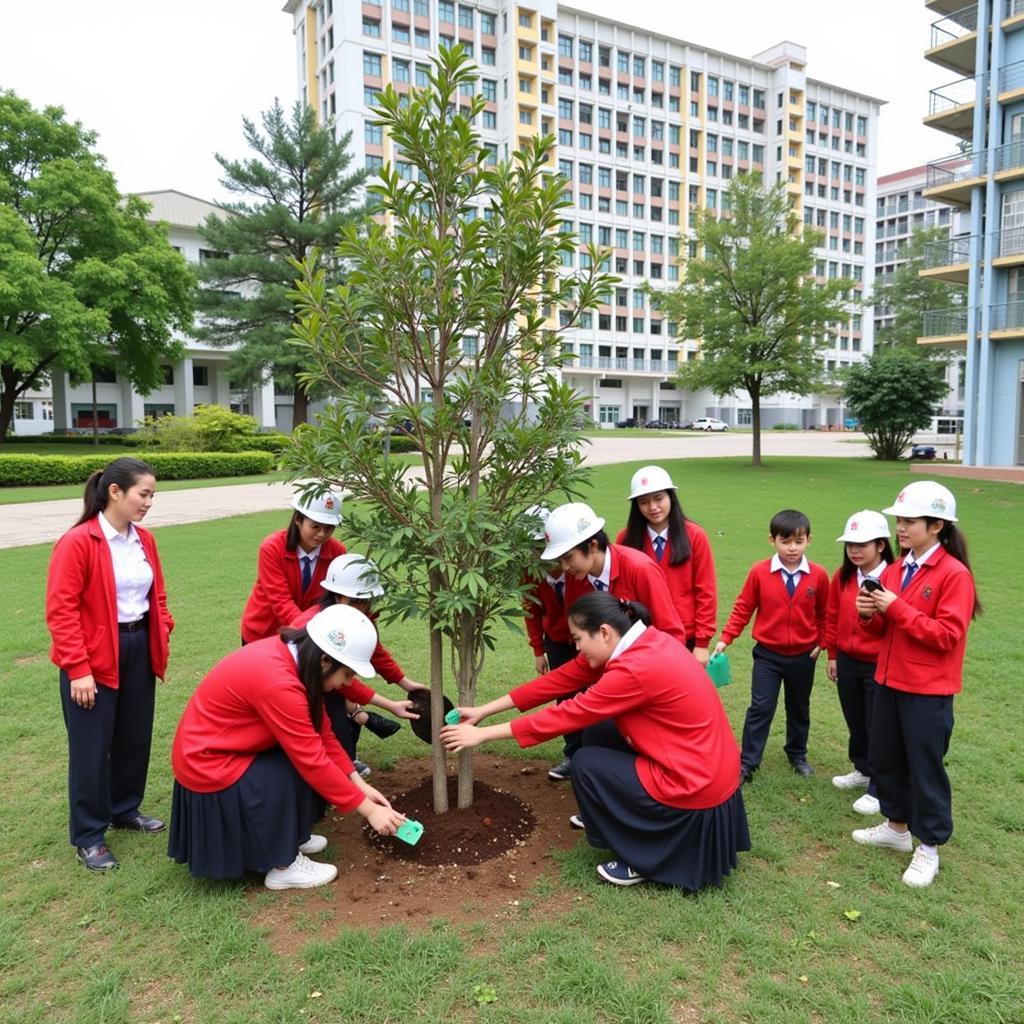 Học sinh THPT Gia Định tham gia trồng cây xanh trong khuôn viên trường.