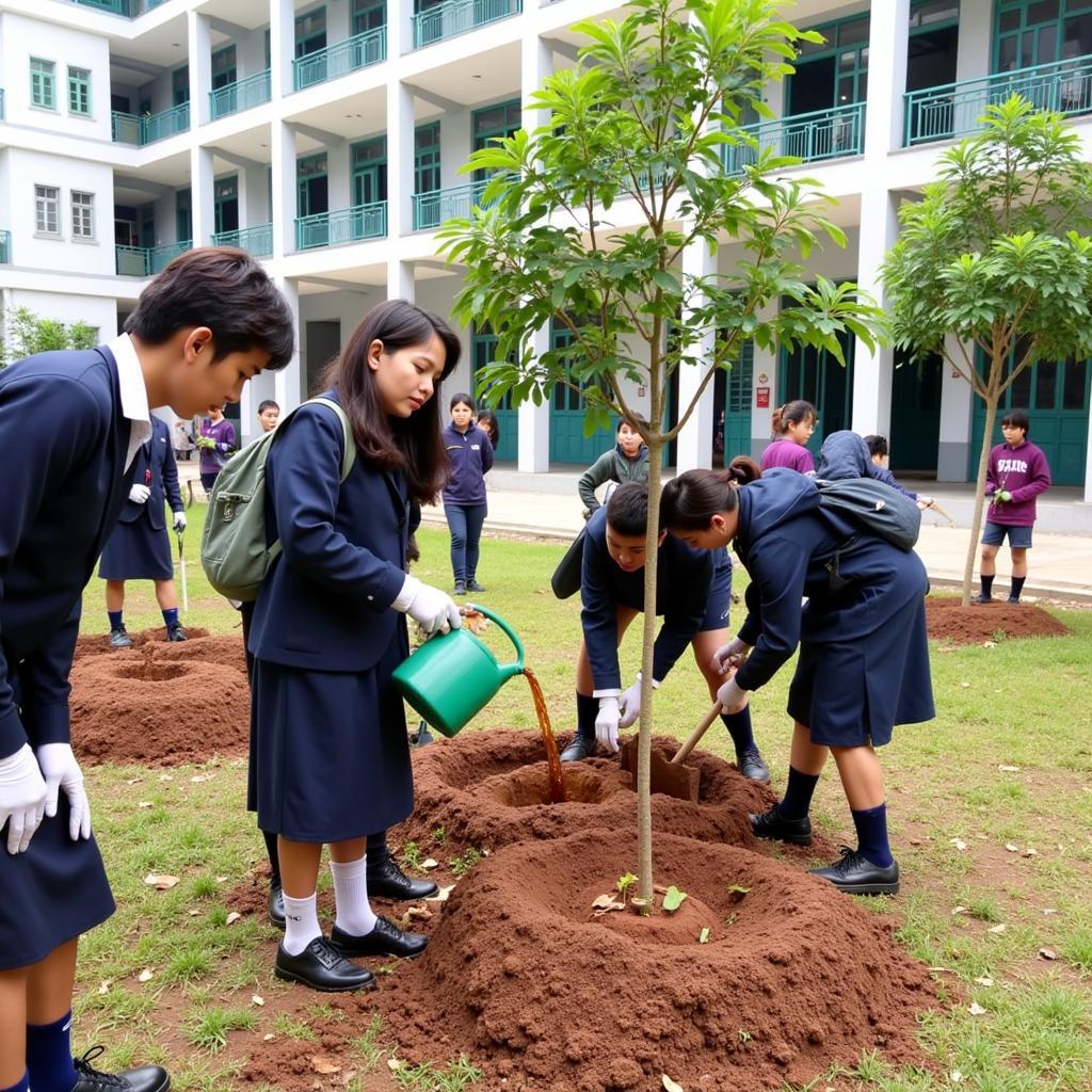 Học sinh THPT Gia Định tham gia trồng cây xanh trong khuôn viên trường