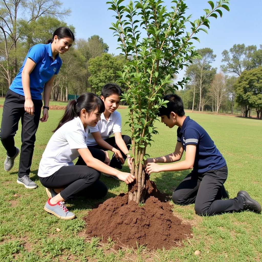 Học sinh THPT Gia Định tham gia hoạt động trồng cây xanh trong khuôn viên trường.