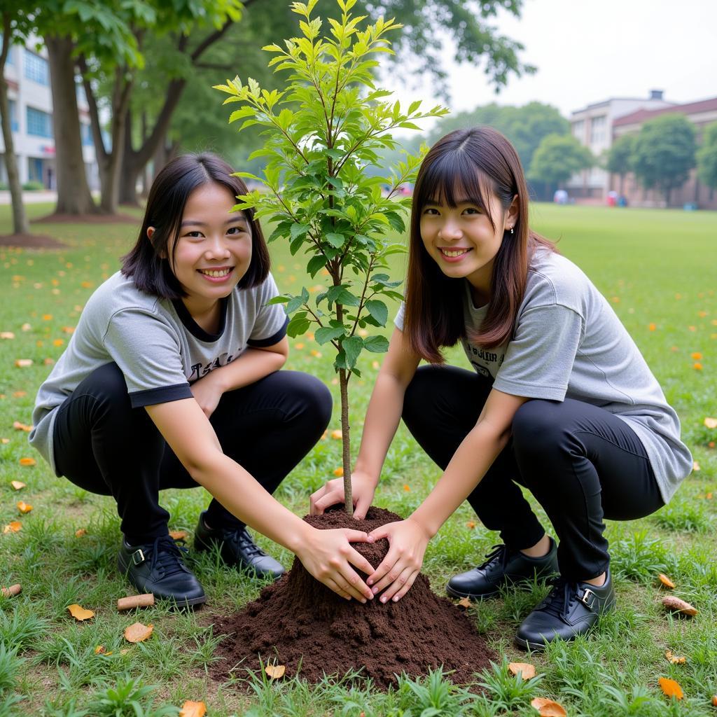 Học sinh trồng cây: Hình ảnh các học sinh THPT Gia Định đang tham gia hoạt động trồng cây xanh trong khuôn viên trường. Hình ảnh thể hiện tinh thần tích cực và trách nhiệm của học sinh trong việc bảo vệ môi trường.