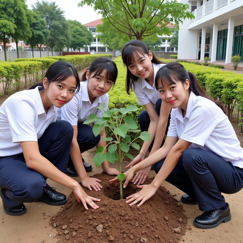 Học sinh THPT Gia Định trồng cây xanh trong khuôn viên trường