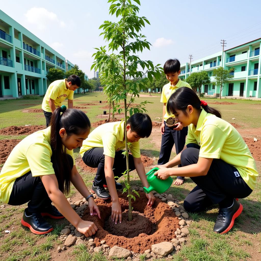 Học sinh THPT Gia Định trồng cây xanh trong khuôn viên trường