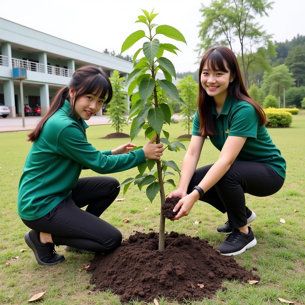 Học sinh THPT Gia Định đang trồng cây xanh trong khuôn viên trường.