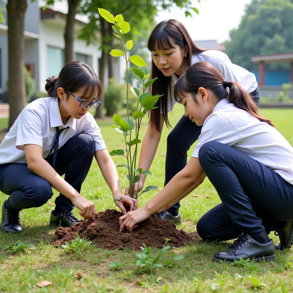 Học sinh THPT Gia Định đang trồng cây xanh trong khuôn viên trường