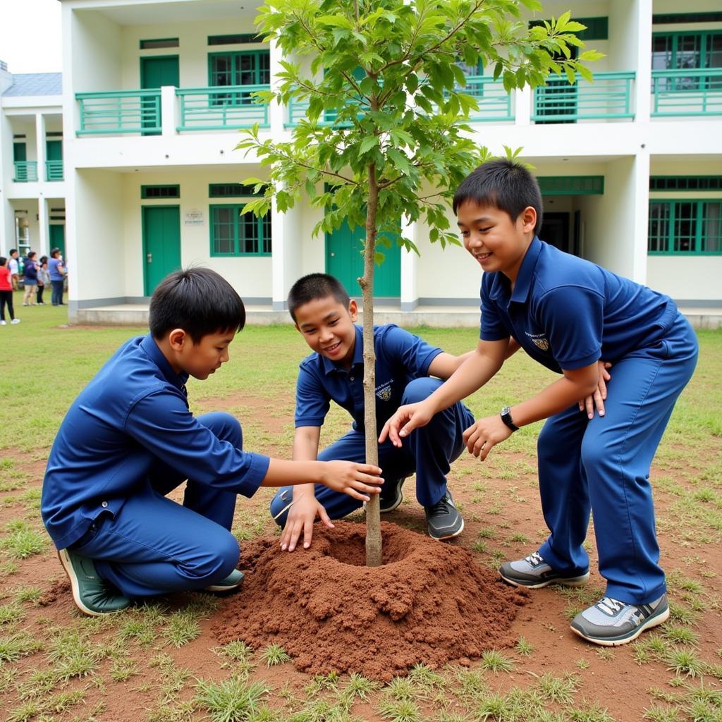 Học sinh THPT Gia Định tham gia trồng cây xanh trong khuôn viên trường.