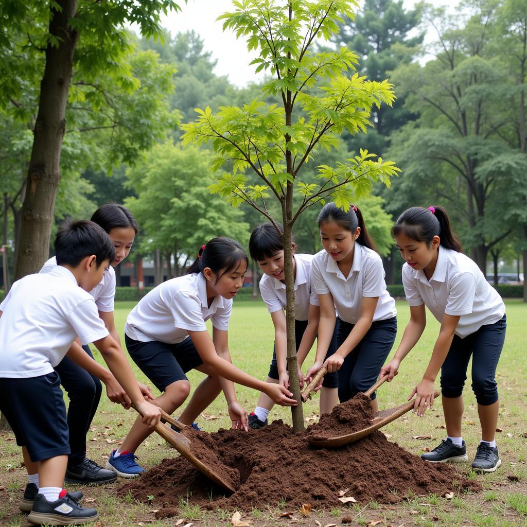 Students planting trees to protect the environment