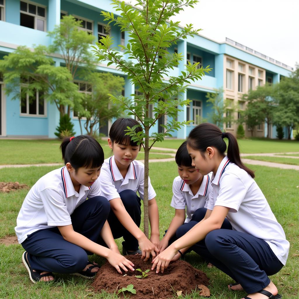 Học sinh THPT Gia Định tham gia trồng cây xanh trong khuôn viên trường.