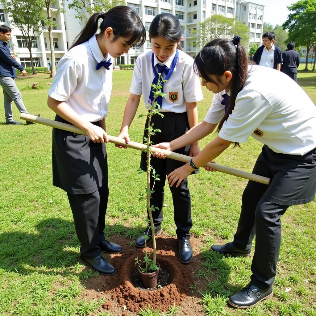 Học sinh THPT Gia Định tham gia hoạt động trồng cây xanh trong khuôn viên trường.