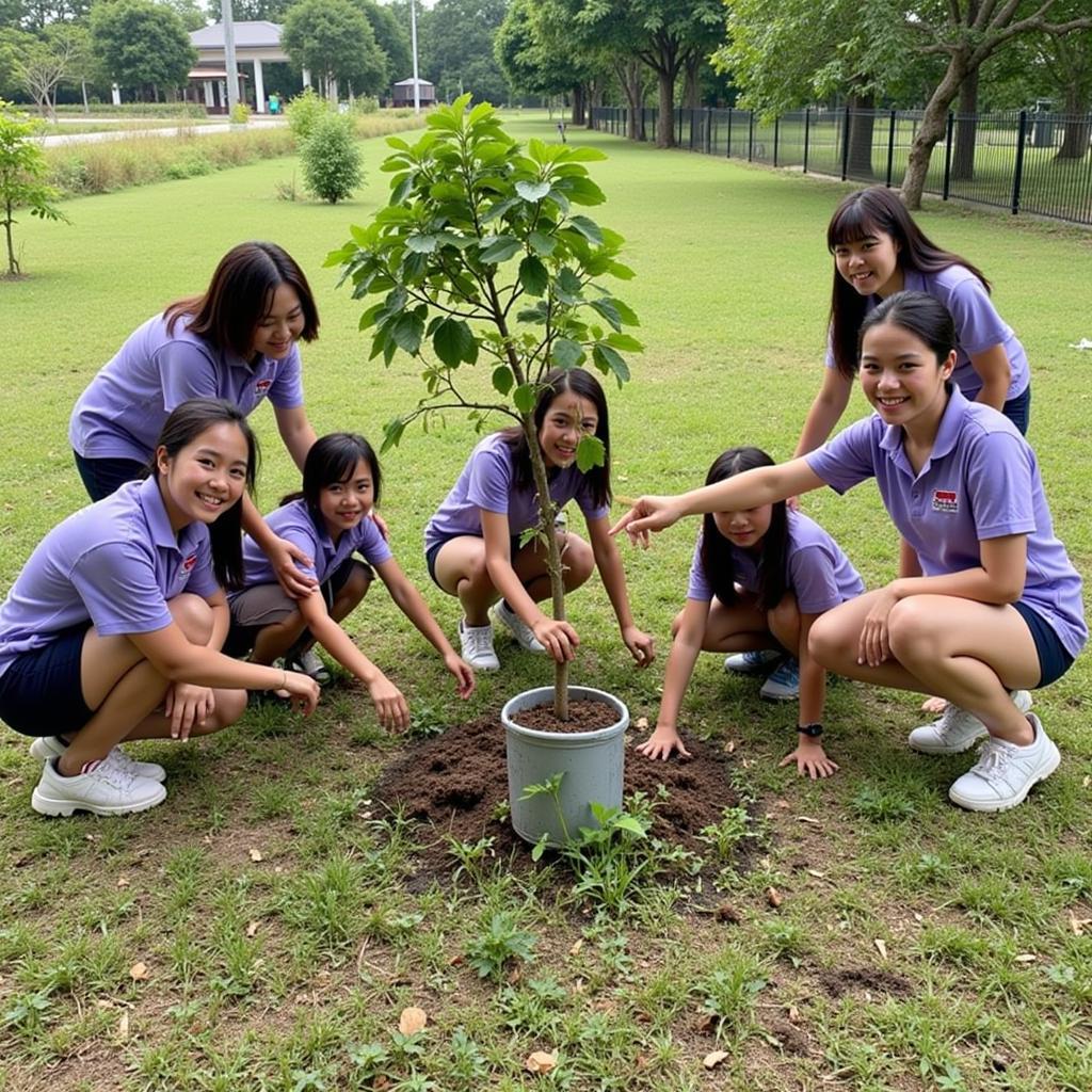 Học sinh THPT Gia Định tham gia trồng cây xanh trong khuôn viên trường.