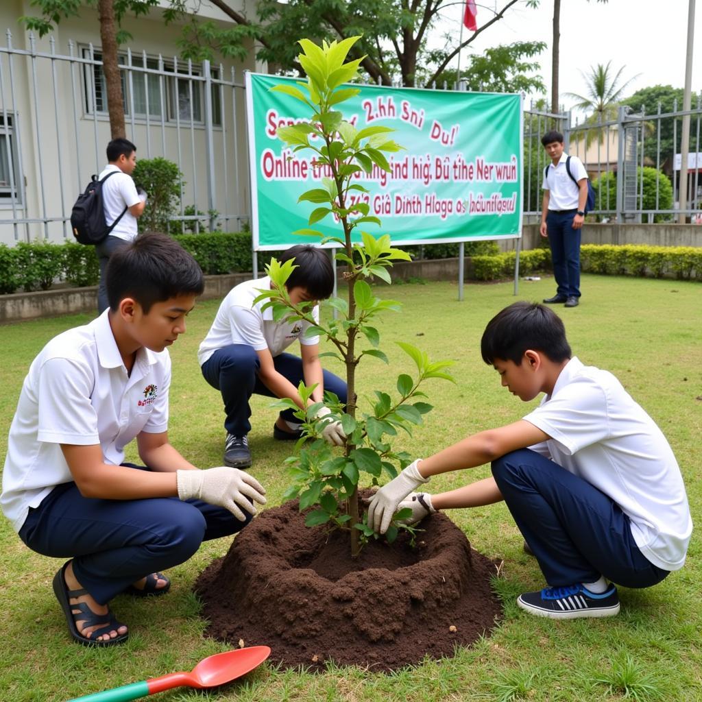 Học sinh trồng cây xanh tại sân trường THPT Gia Định