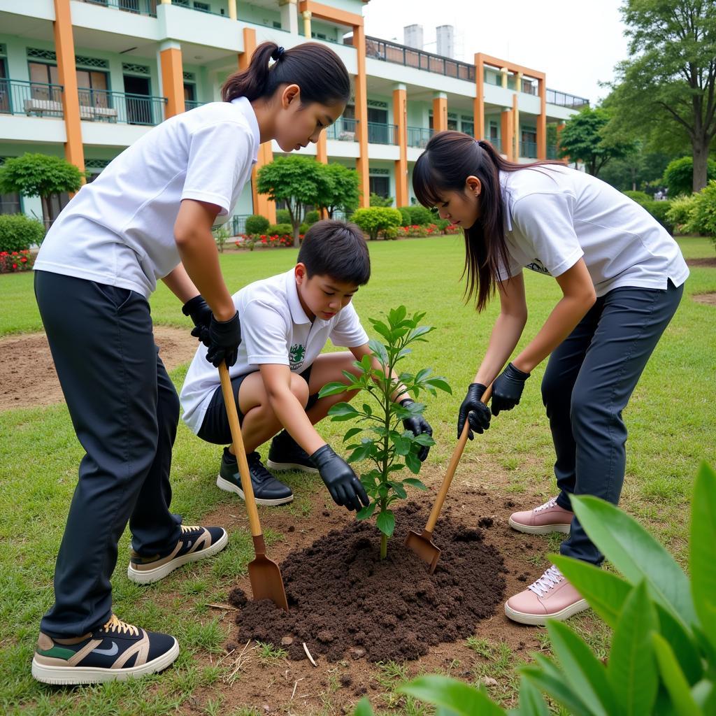 Học sinh THPT Gia Định tham gia trồng cây xanh trong khuôn viên trường