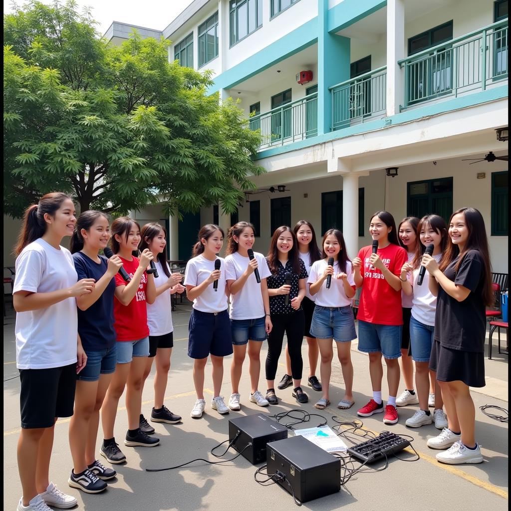 Học sinh THPT Gia Định hào hứng tham gia karaoke hát chèo đường trường thu không