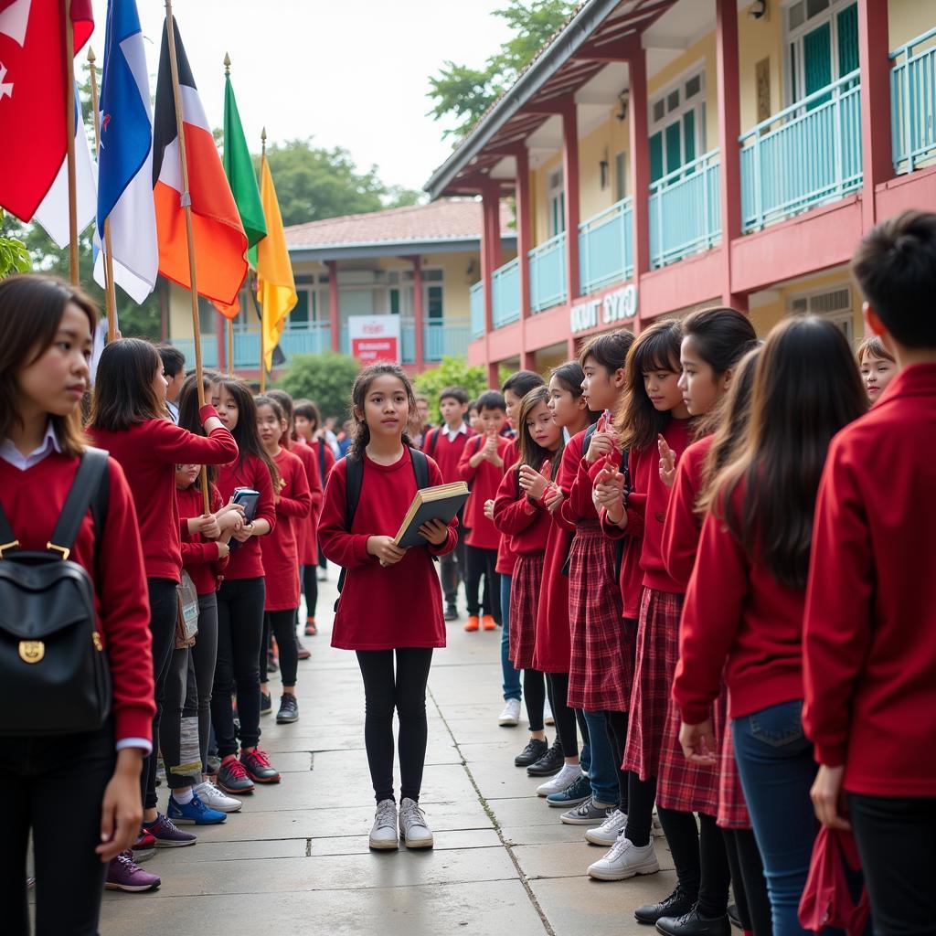 Học sinh chào cờ trong lễ khai giảng trường