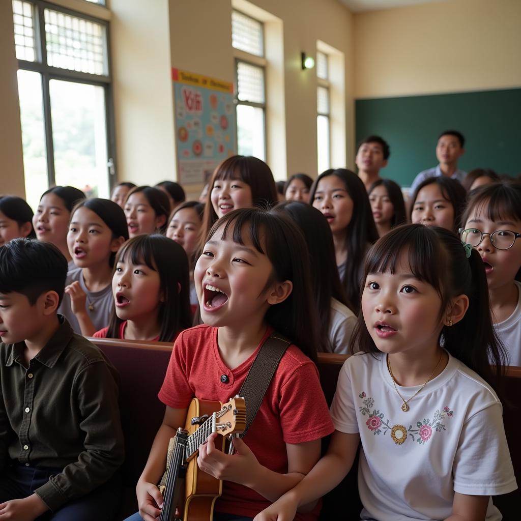 Học sinh THPT Gia Định cùng nhau thưởng thức liên khúc Trường Vũ trong một buổi sinh hoạt ngoại khóa.