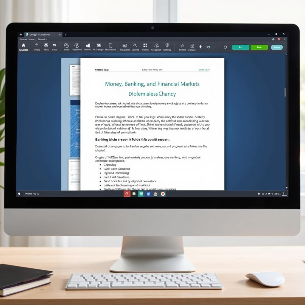 Tài liệu PDF về tài chính: Hình ảnh minh họa một máy tính đang hiển thị tài liệu PDF về tiền tệ, ngân hàng và thị trường tài chính.