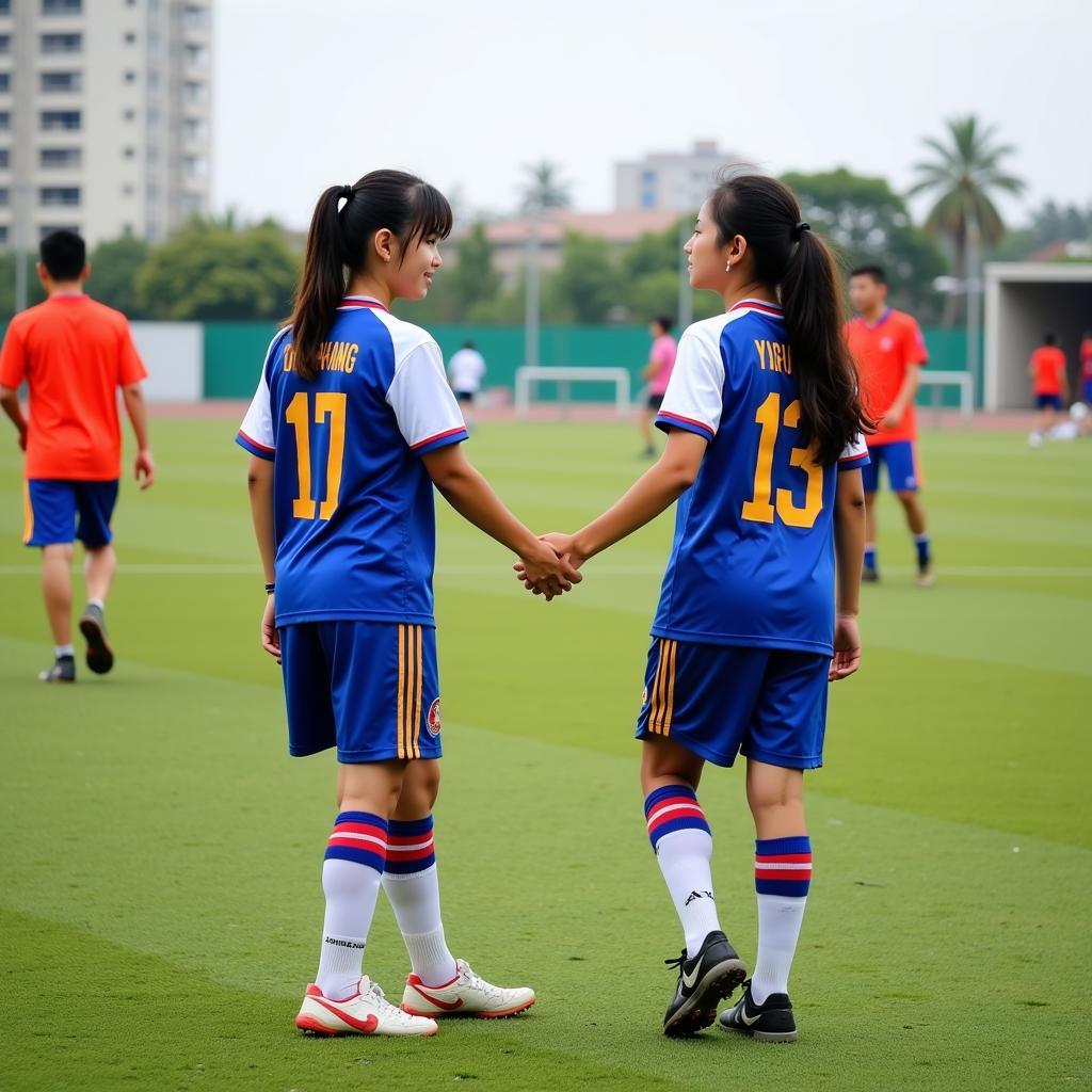 Hai đội bóng bắt tay nhau thể hiện tinh thần fair-play sau trận đấu tại sân trường THPT Gia Định