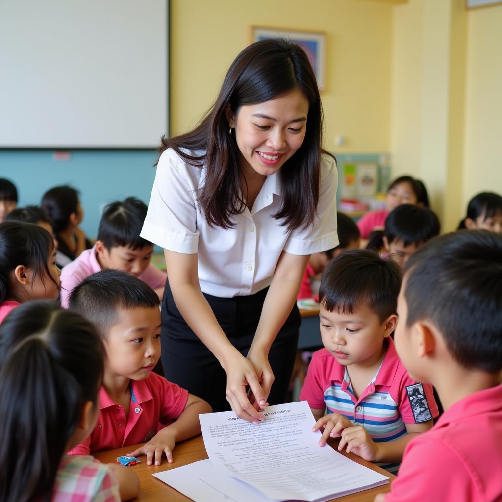 Giáo viên đang hướng dẫn học sinh tại trường mầm non Trúc Huy Tân Bình