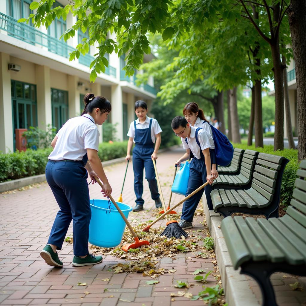 Học sinh THPT Gia Định dọn dẹp khuôn viên trường