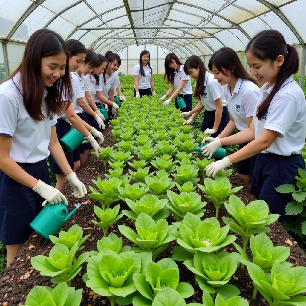 Học sinh THPT Gia Định chăm sóc vườn rau sạch