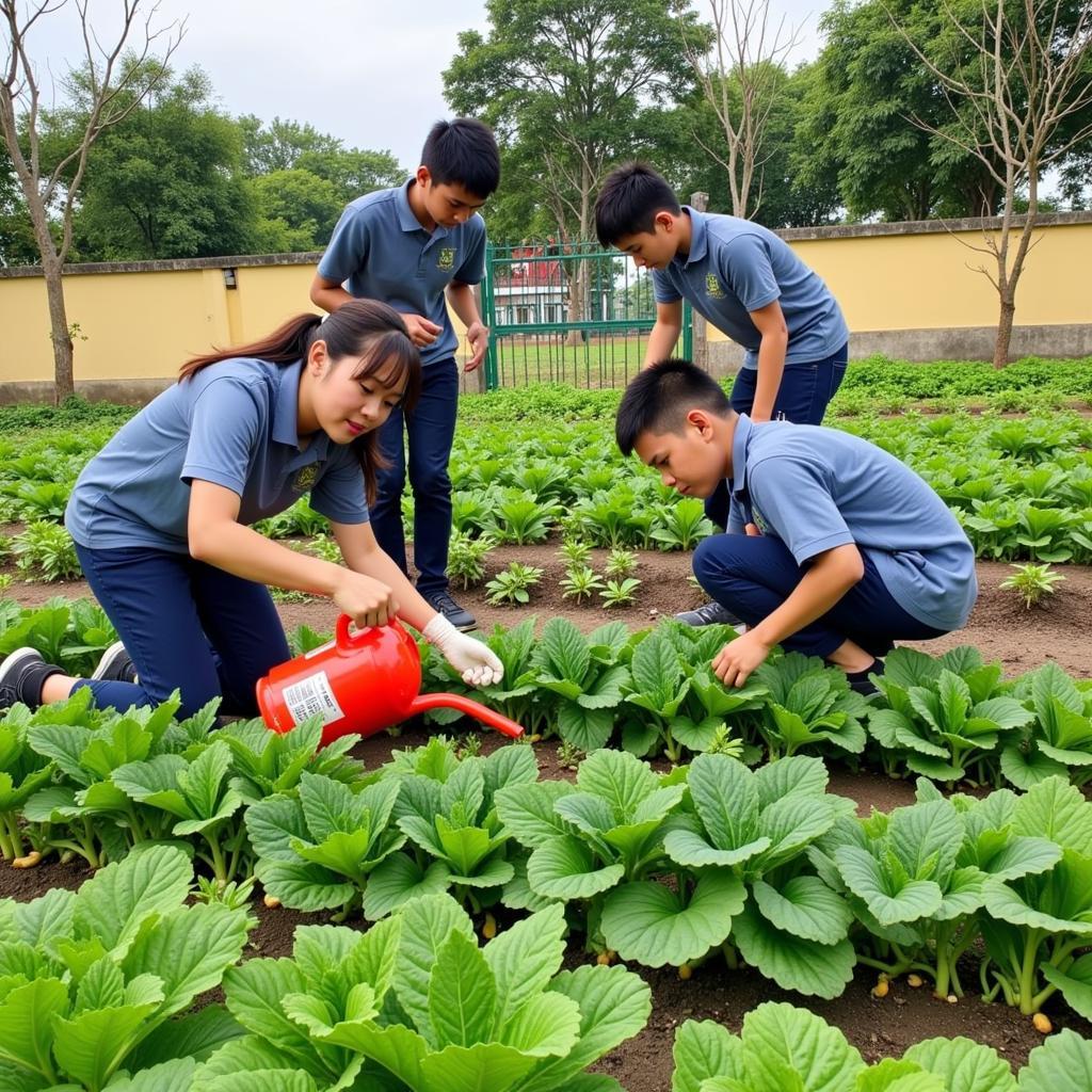 Học sinh THPT Gia Định chăm sóc vườn rau sạch.