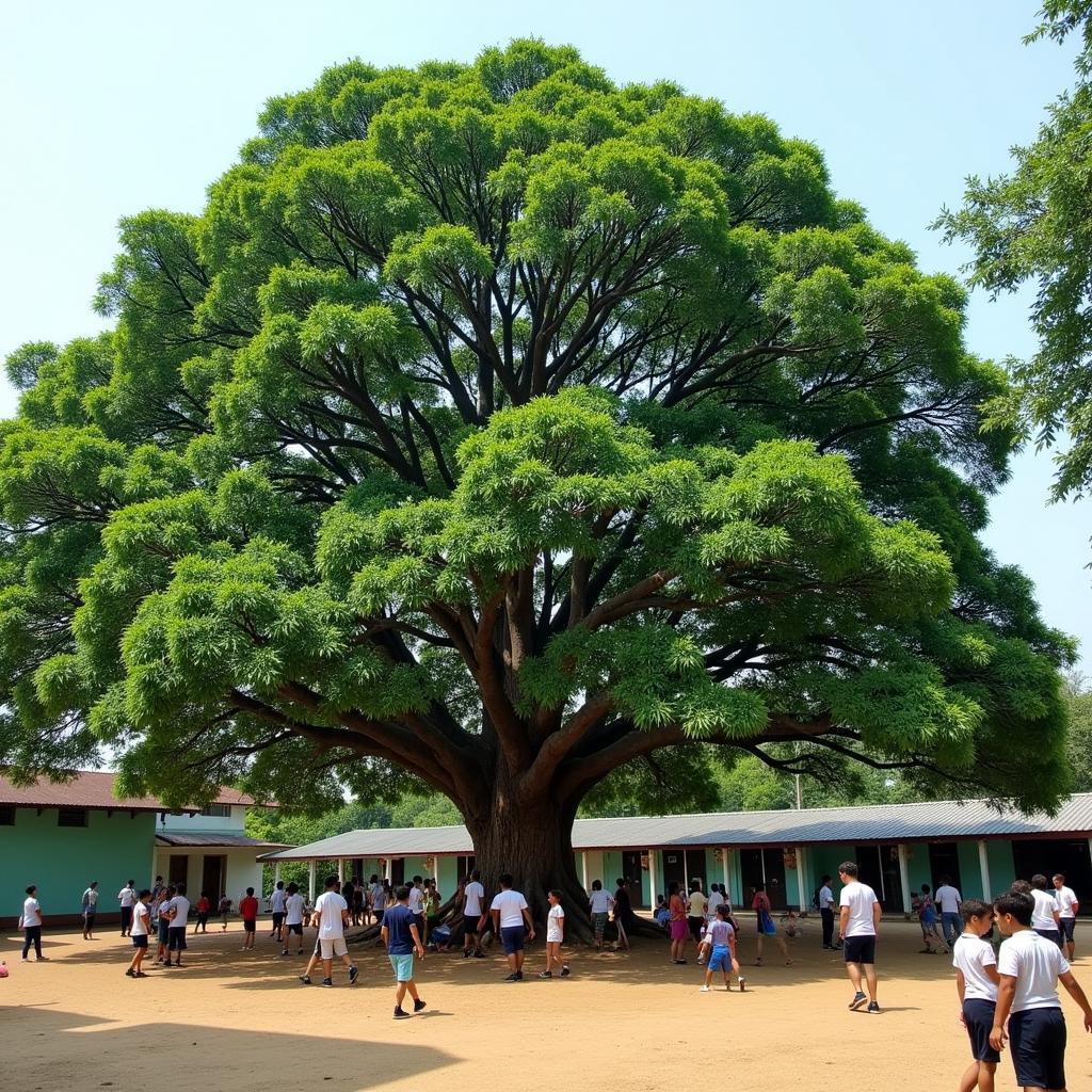 Cây bàng xanh tốt tỏa bóng mát giữa sân trường vào mùa hè, học sinh vui đùa bên dưới.