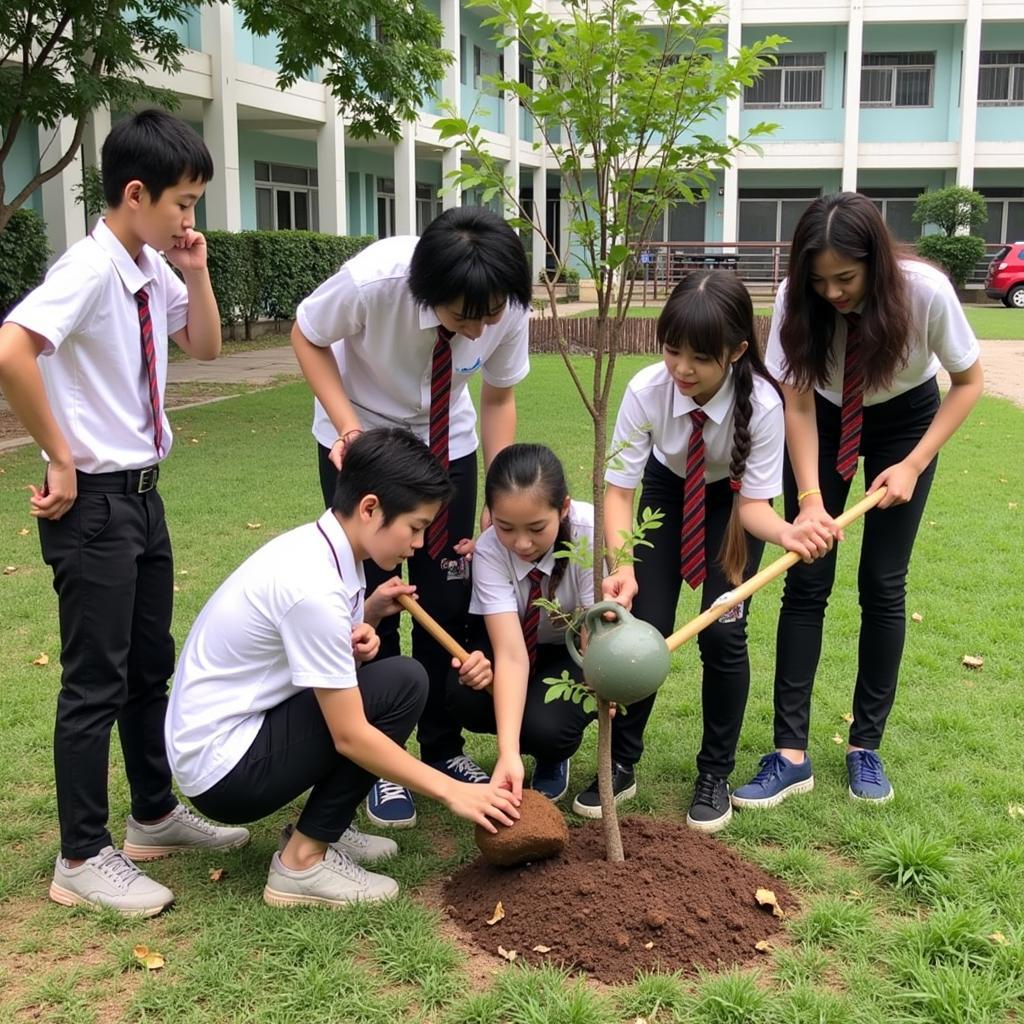 Học sinh THPT Gia Định tham gia hoạt động trồng cây xanh trong khuôn viên trường.