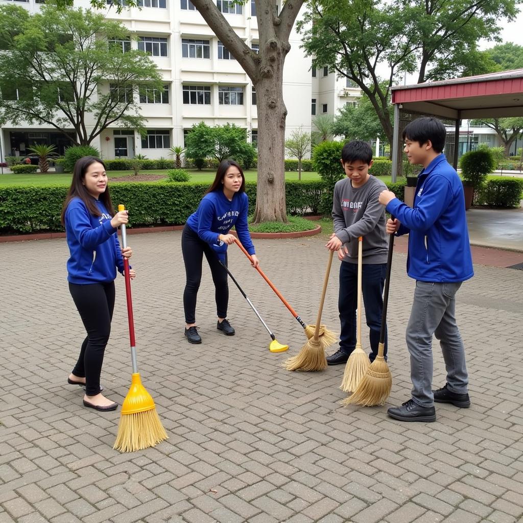 Học sinh THPT Gia Định dọn vệ sinh trường lớp