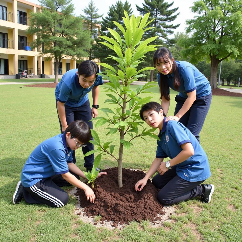 Học sinh THPT Gia Định tham gia trồng cây xanh trong khuôn viên trường, góp phần bảo vệ môi trường.