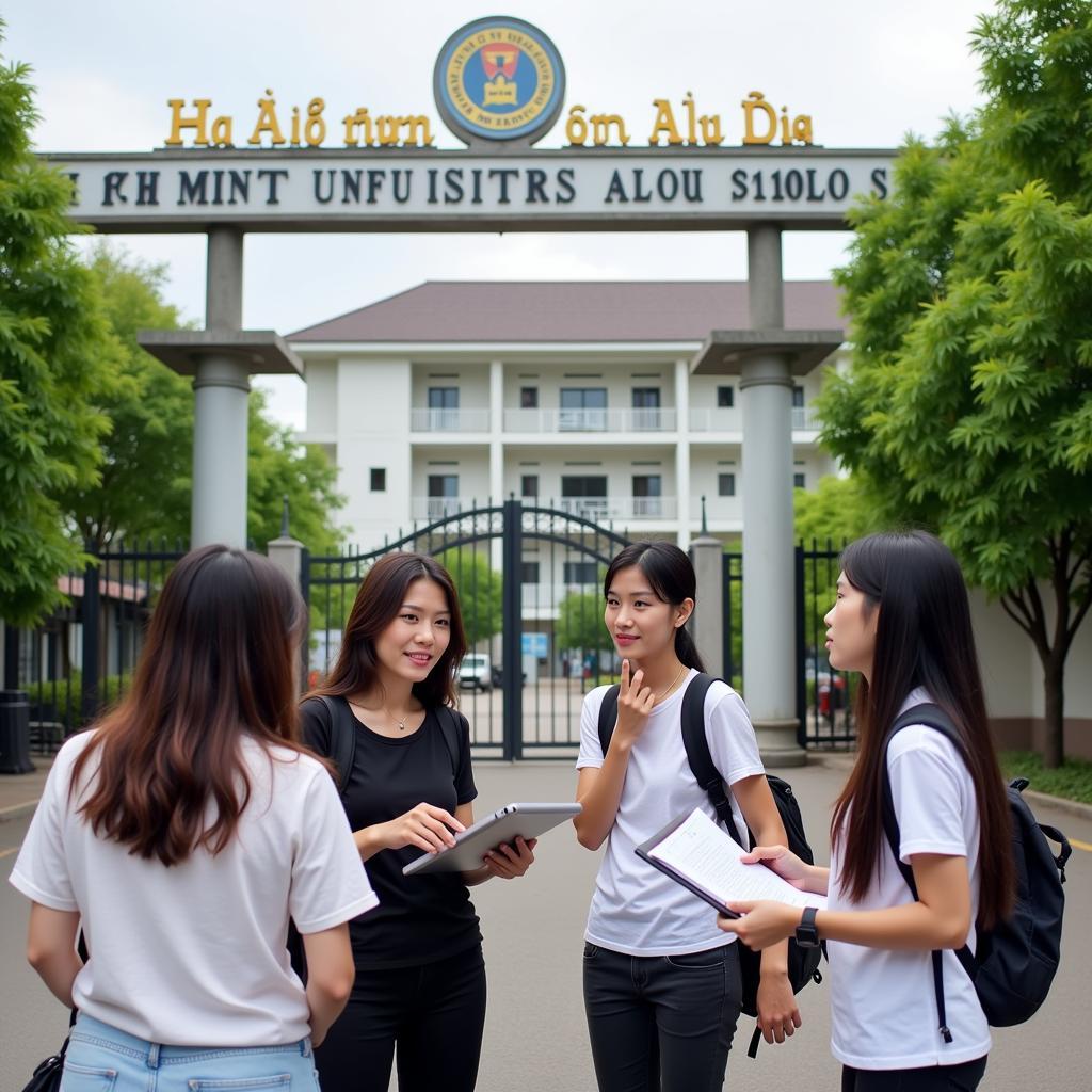 Kinh Nghiệm Tìm Phòng Trọ Gần ĐHSP TPHCM: Hình ảnh minh họa một nhóm sinh viên đang trò chuyện và chia sẻ kinh nghiệm tìm phòng trọ, với backdrop là cổng trường Đại học Sư Phạm TPHCM.