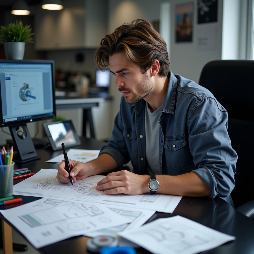 A young mechanical engineer working on a computer, surrounded by blueprints and technical drawings.  He looks focused and determined.