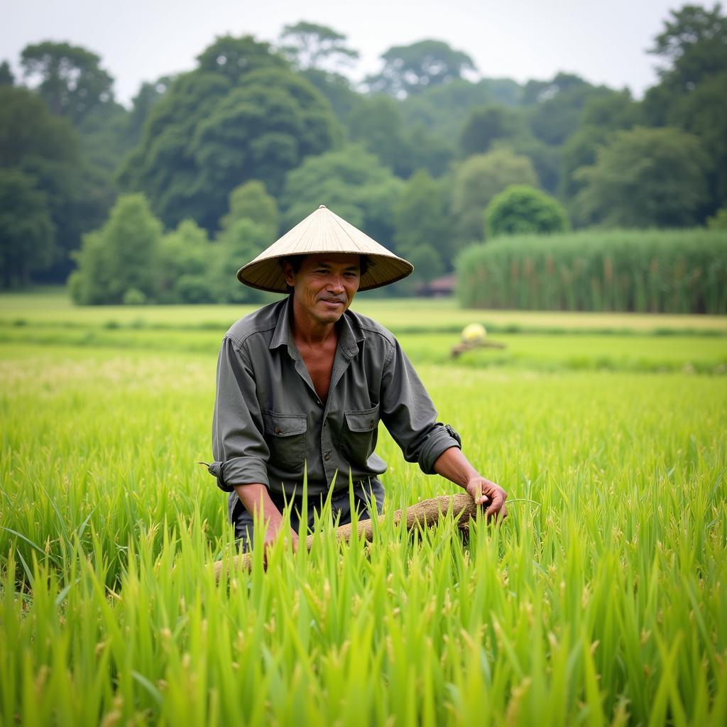 Người nông dân đang chăm sóc lúa