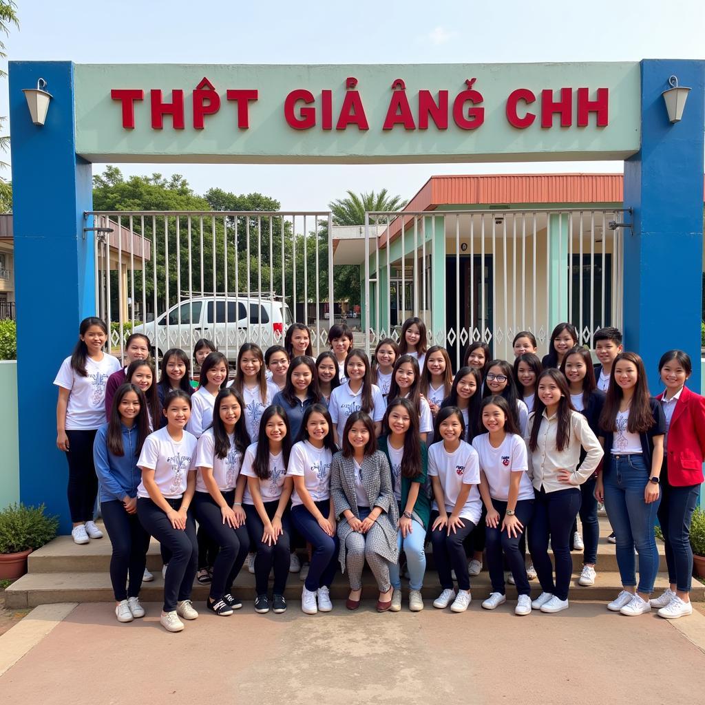 Hình ảnh cổng trường THPT Gia Định với học sinh đứng chụp ảnh lưu niệm