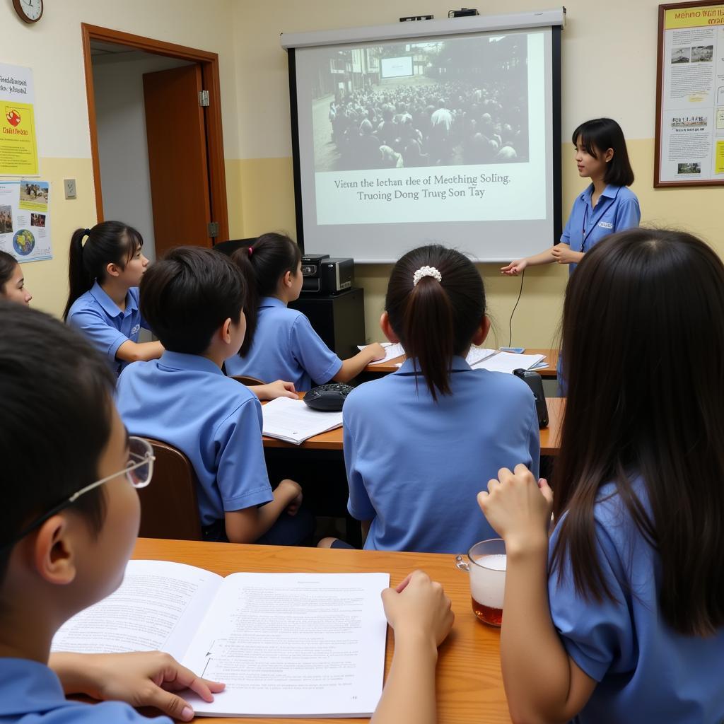 Image of students at THPT Gia Định learning about the historical context of the "Truong Son Dong Truong Son Tay" song.