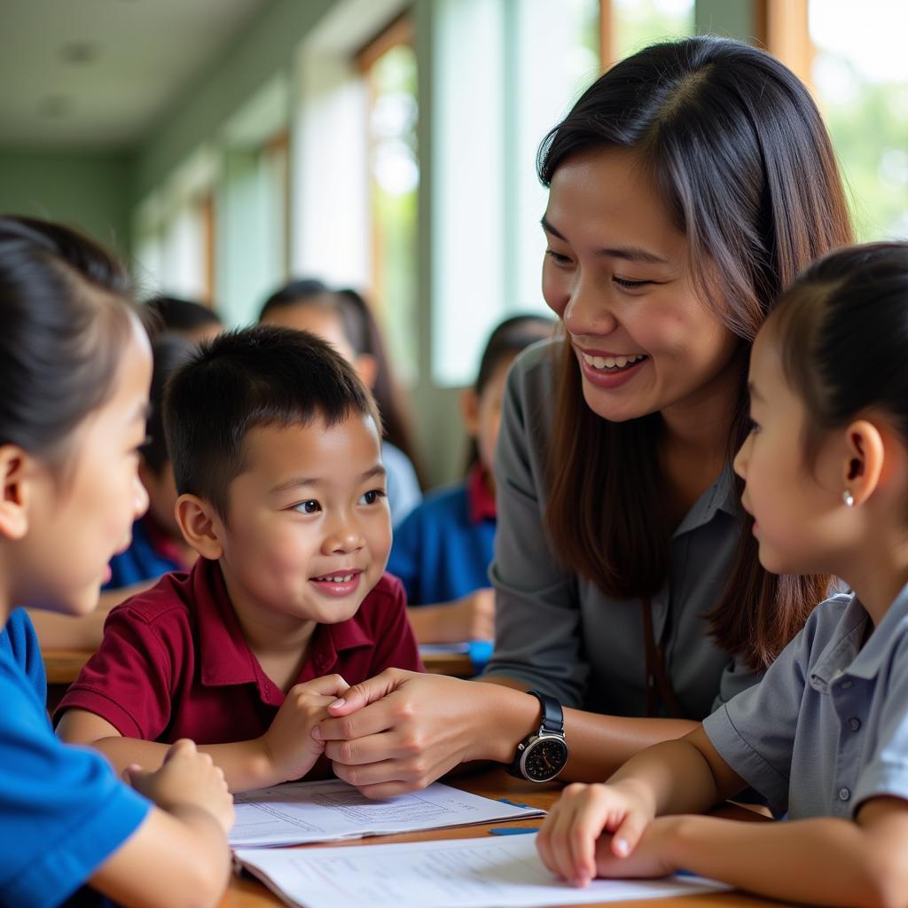 Teachers and students interacting at Dinh Tien Hoang Primary School