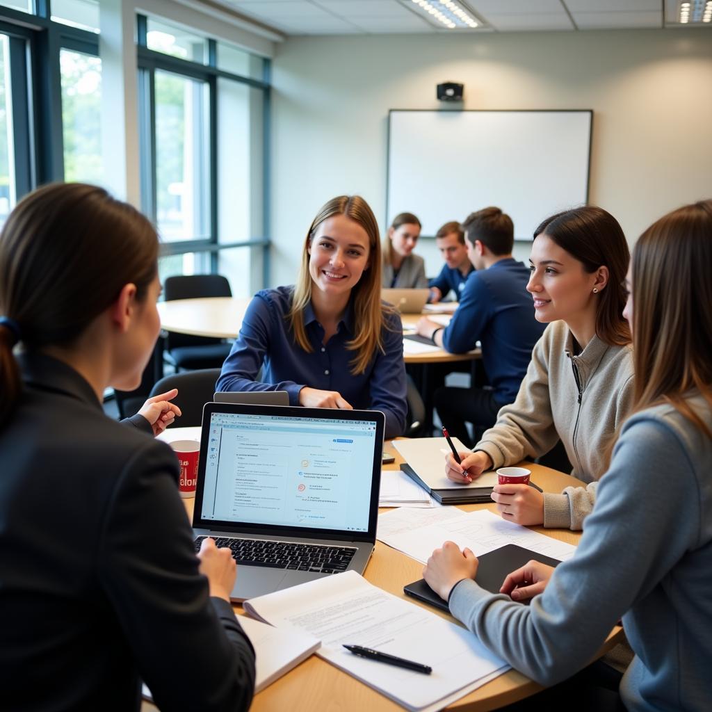 Students studying business administration in a university setting