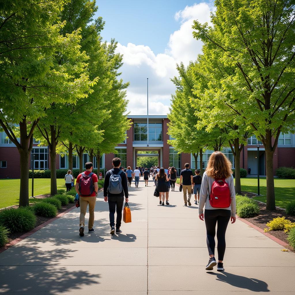 Exterior view of a modern university campus with students walking along pathways, surrounded by lush greenery.