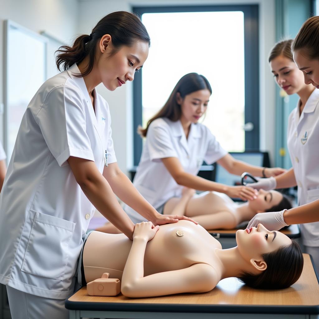 Students in nursing uniforms practicing medical procedures on mannequins in a bright, modern classroom.