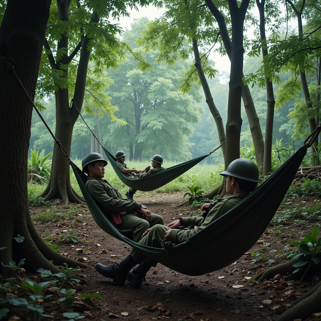 Hình ảnh minh họa bài hát Cùng Mắc Võng Trên Rừng Trường Sơn, tái hiện khung cảnh chiến tranh và tình đồng đội.