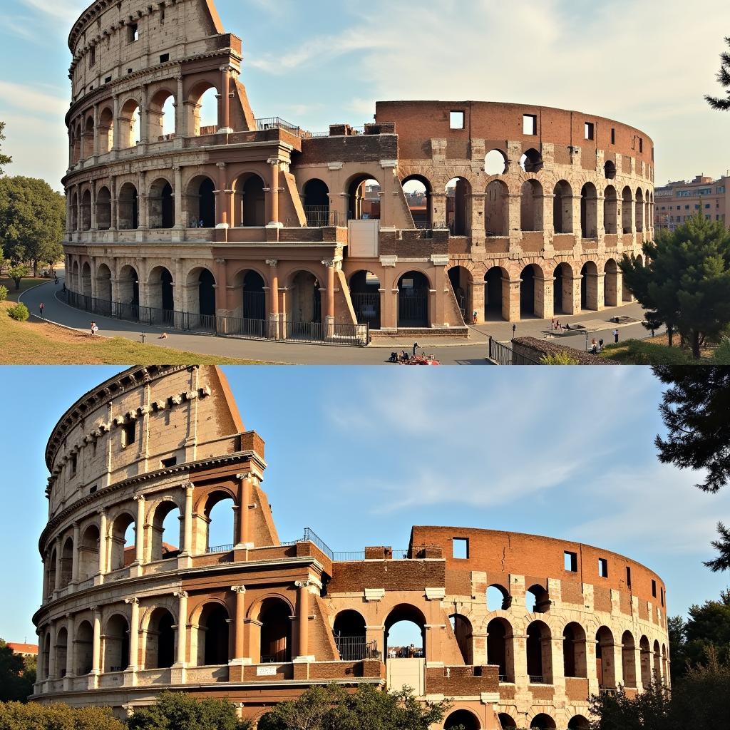 The Colosseum through the ages, showing its various stages of construction, use, and decay.