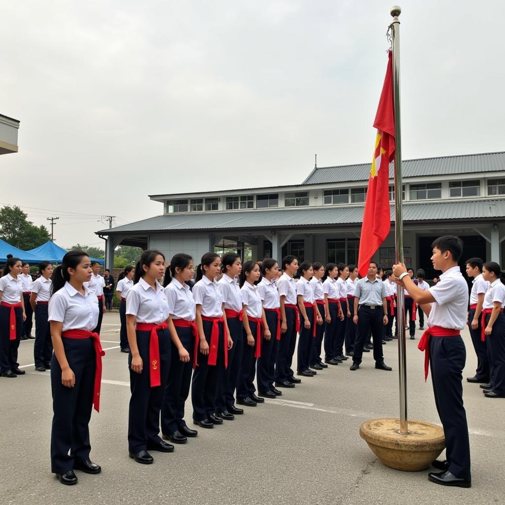 Học sinh mặc đồng phục Lomonoxop trong lễ chào cờ