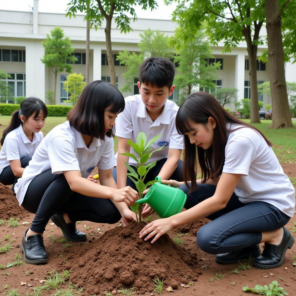 Học sinh tham gia dự án trồng cây xanh trong khuôn viên trường