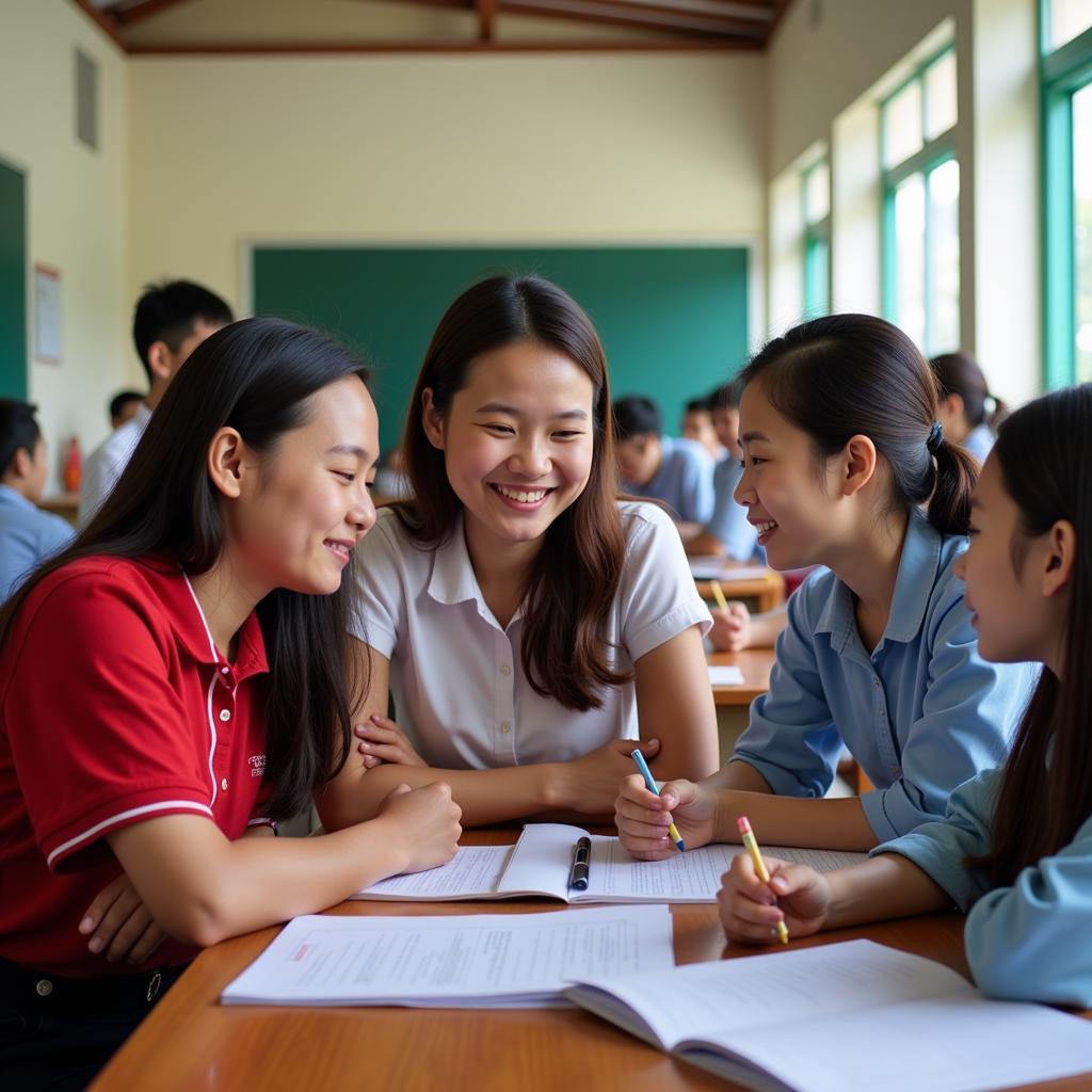 Hình ảnh giáo viên và học sinh trường Quang Trung Gò Vấp trong một buổi học thân thiện và cởi mở.